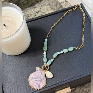 Gold and Green Beaded Shell Pendant Necklace
